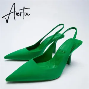 Aiertu Summer New Women's Sandals Closed Toe Green Single Shoes With Thin Heel Mid-heeled Fashion Hollow Pointed Toe Women Shoes