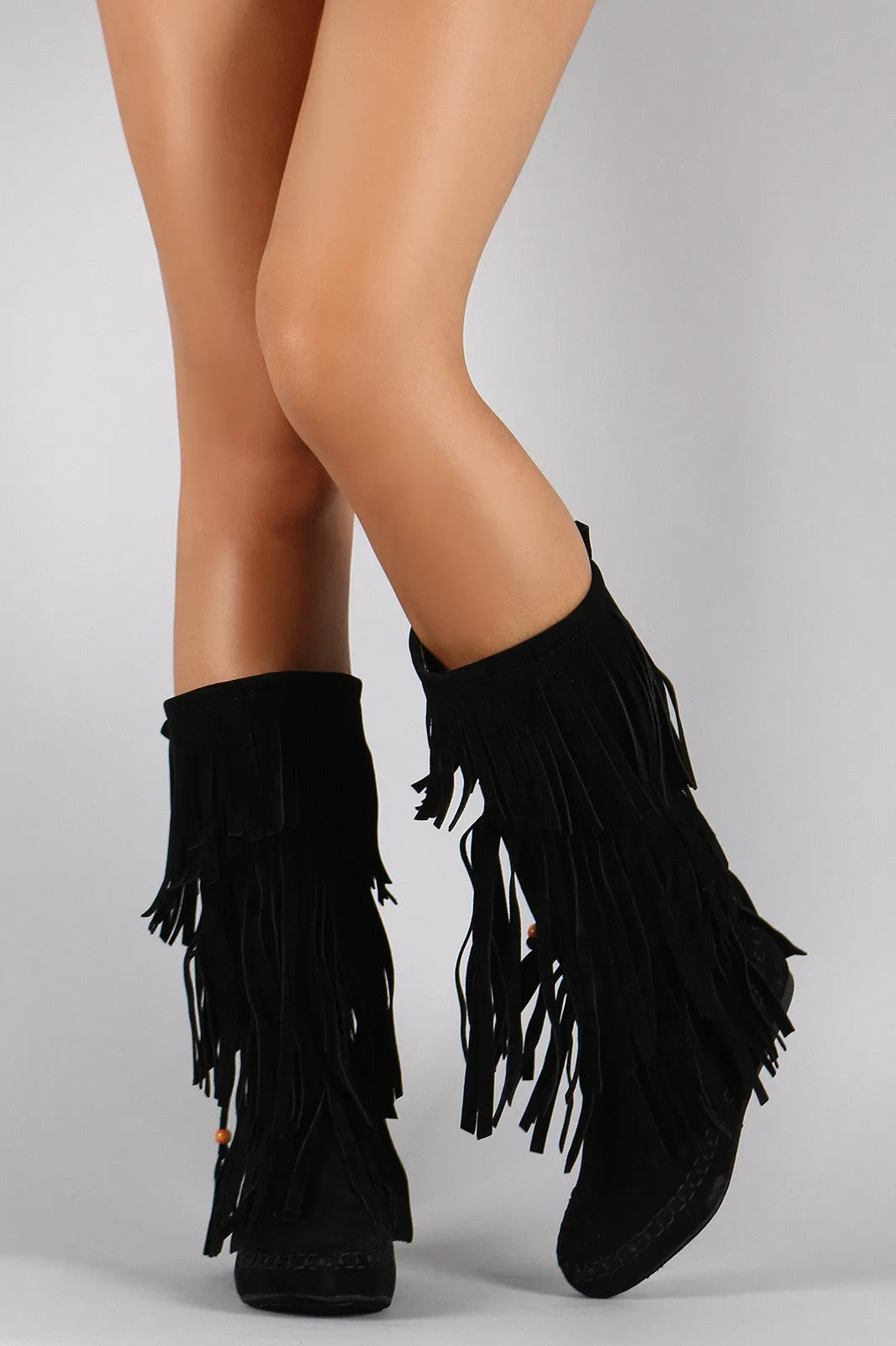 Bow Bead Tiers of Fringe Moccasin Flat Boots