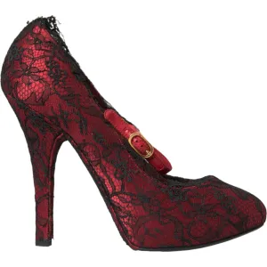 Dolce & Gabbana Red Black Floral Lace Mary Jane Pumps Shoes