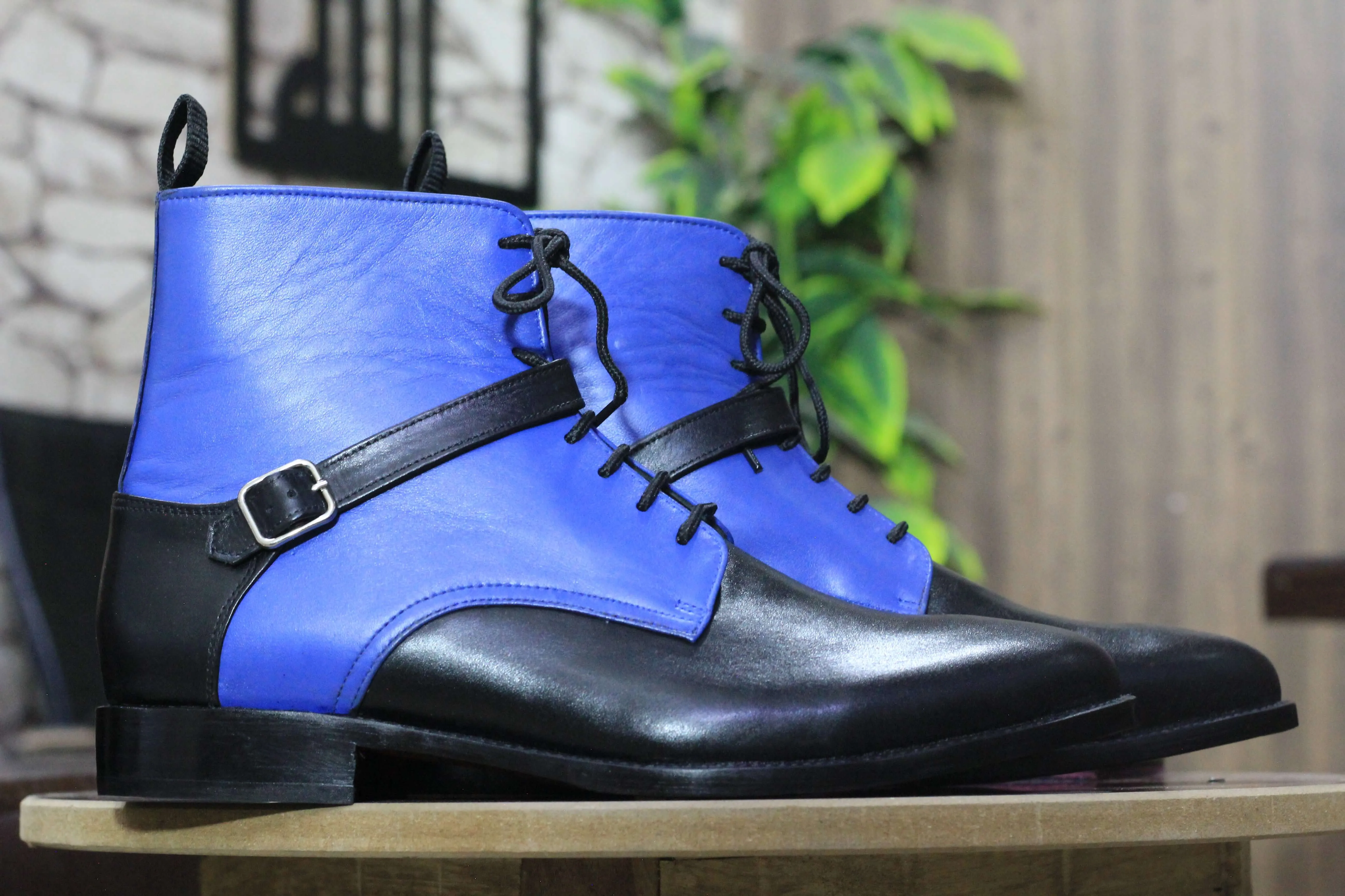 Handmade Black Blue Leather Buckle Lace Up Ankle High Men's Boot, Street Wear Boot