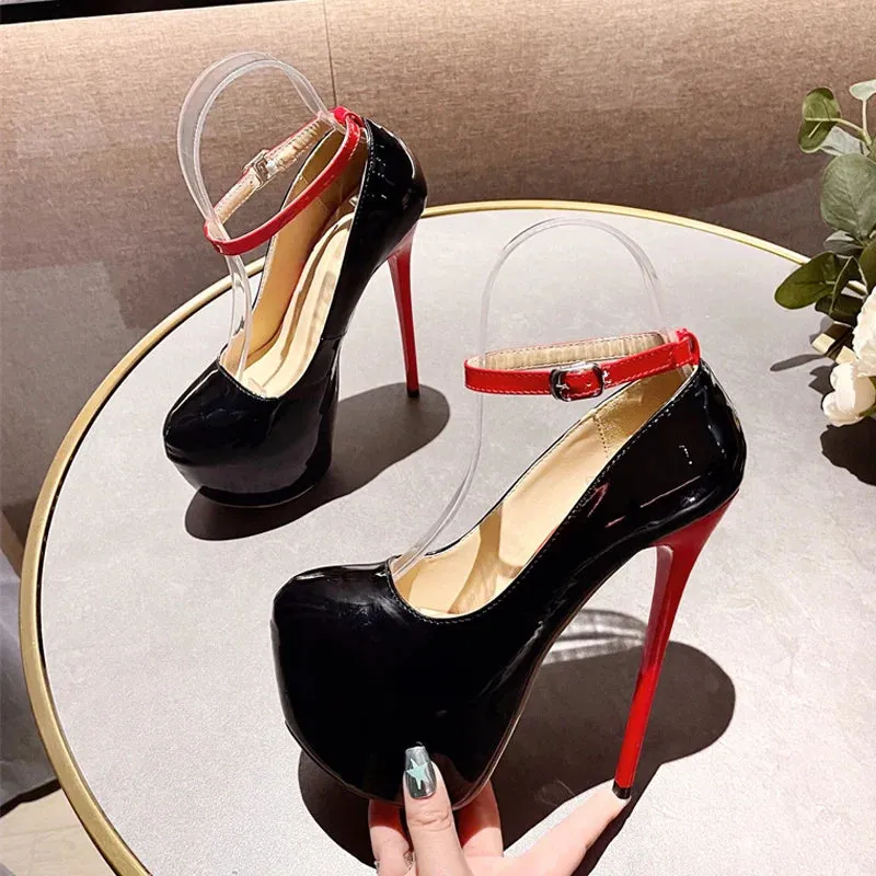 Liyke 2024 New Black Red High Heels Women Pumps Spring Fashion Round Toe Buckle Strap Platform Stiletto Wedding Banquet Shoes