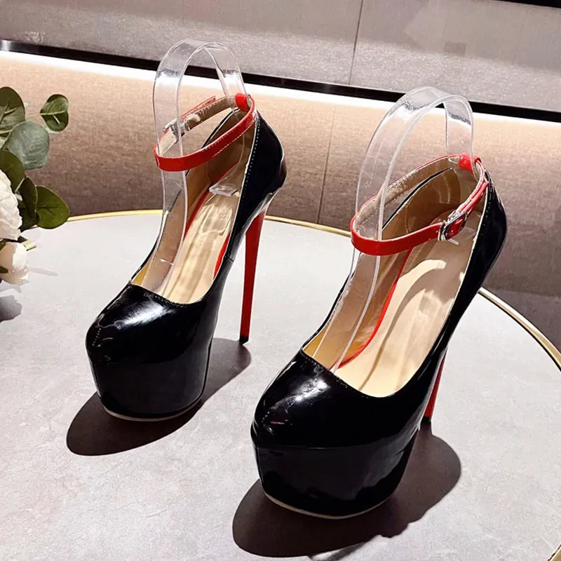 Liyke 2024 New Black Red High Heels Women Pumps Spring Fashion Round Toe Buckle Strap Platform Stiletto Wedding Banquet Shoes