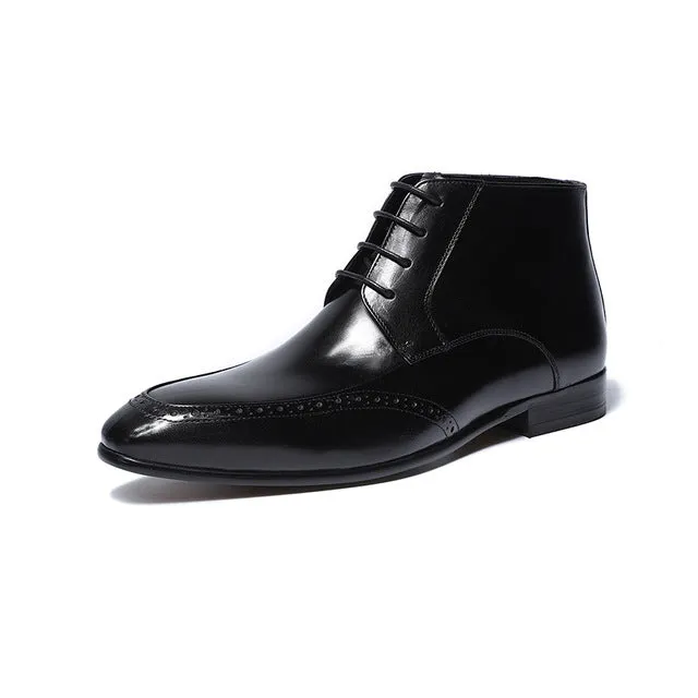 Pointed Toe Classic Genuine Leather Men Lace Up Ankle Boots with Perforated Details