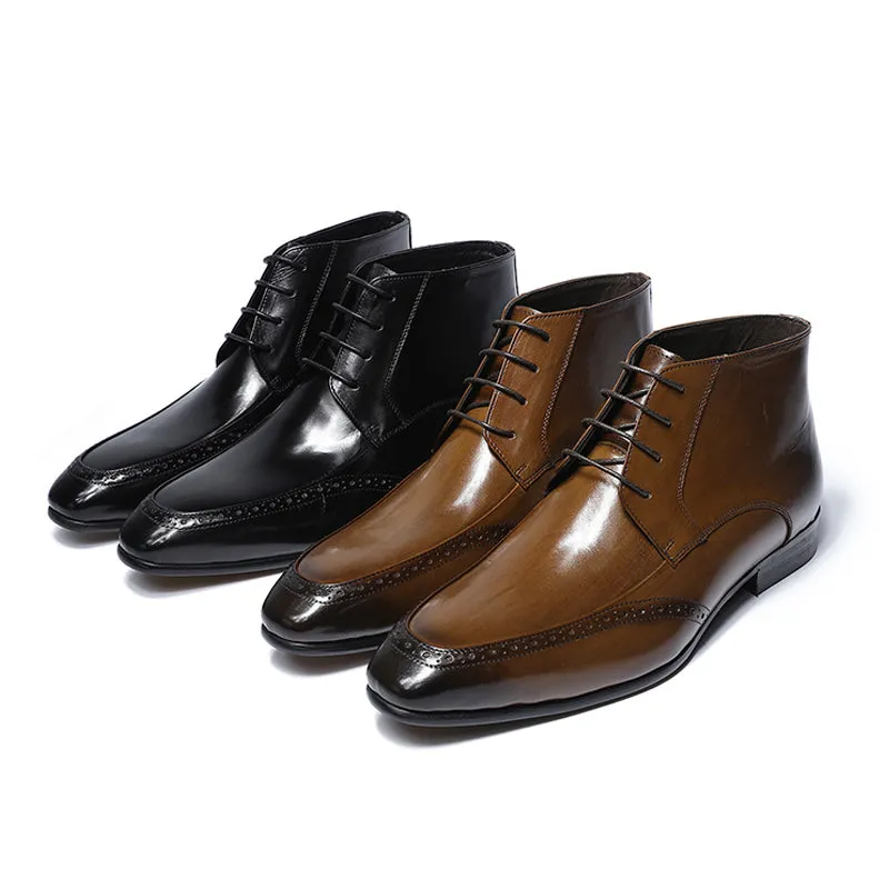 Pointed Toe Classic Genuine Leather Men Lace Up Ankle Boots with Perforated Details