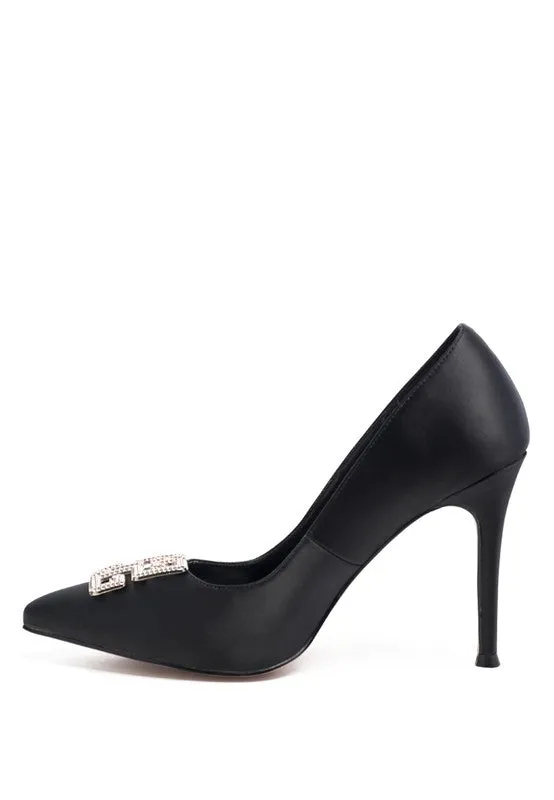 Priyanka Stiletto Black Satin Pointed Toe Crystal Brooch High Heel Pumps | Rag Company