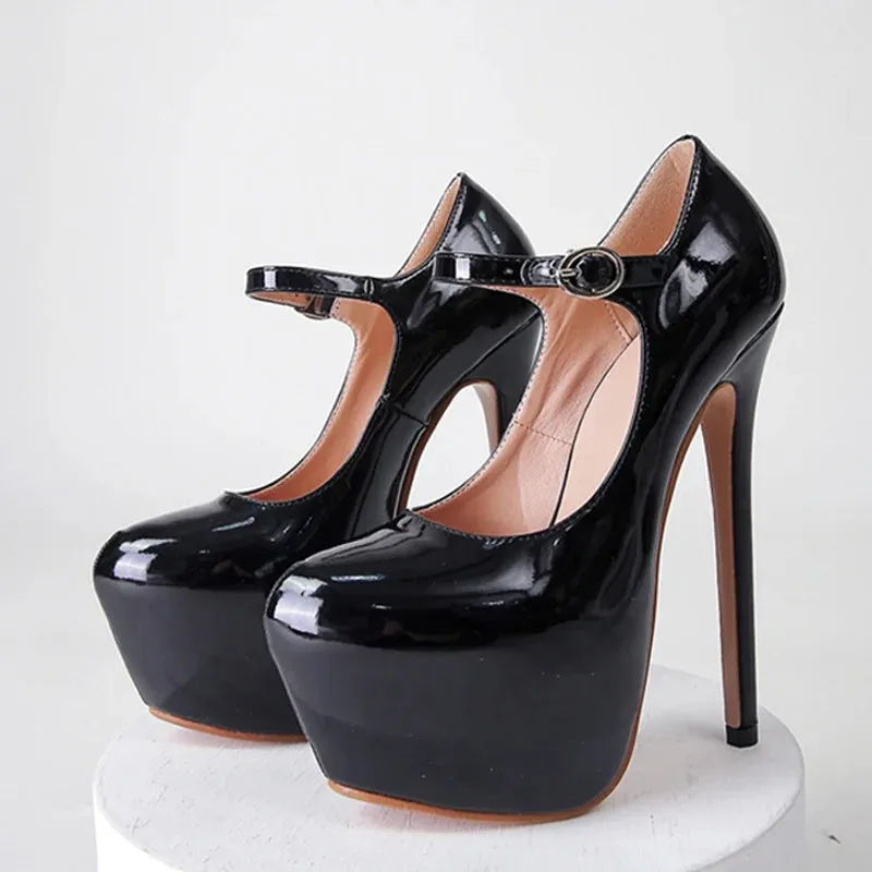 Sexy Red High Heels Platform Pumps 17cm Women Fashion Runway Patent Leather Round Toe Buckle Strap Party Wedding Stripper Shoes