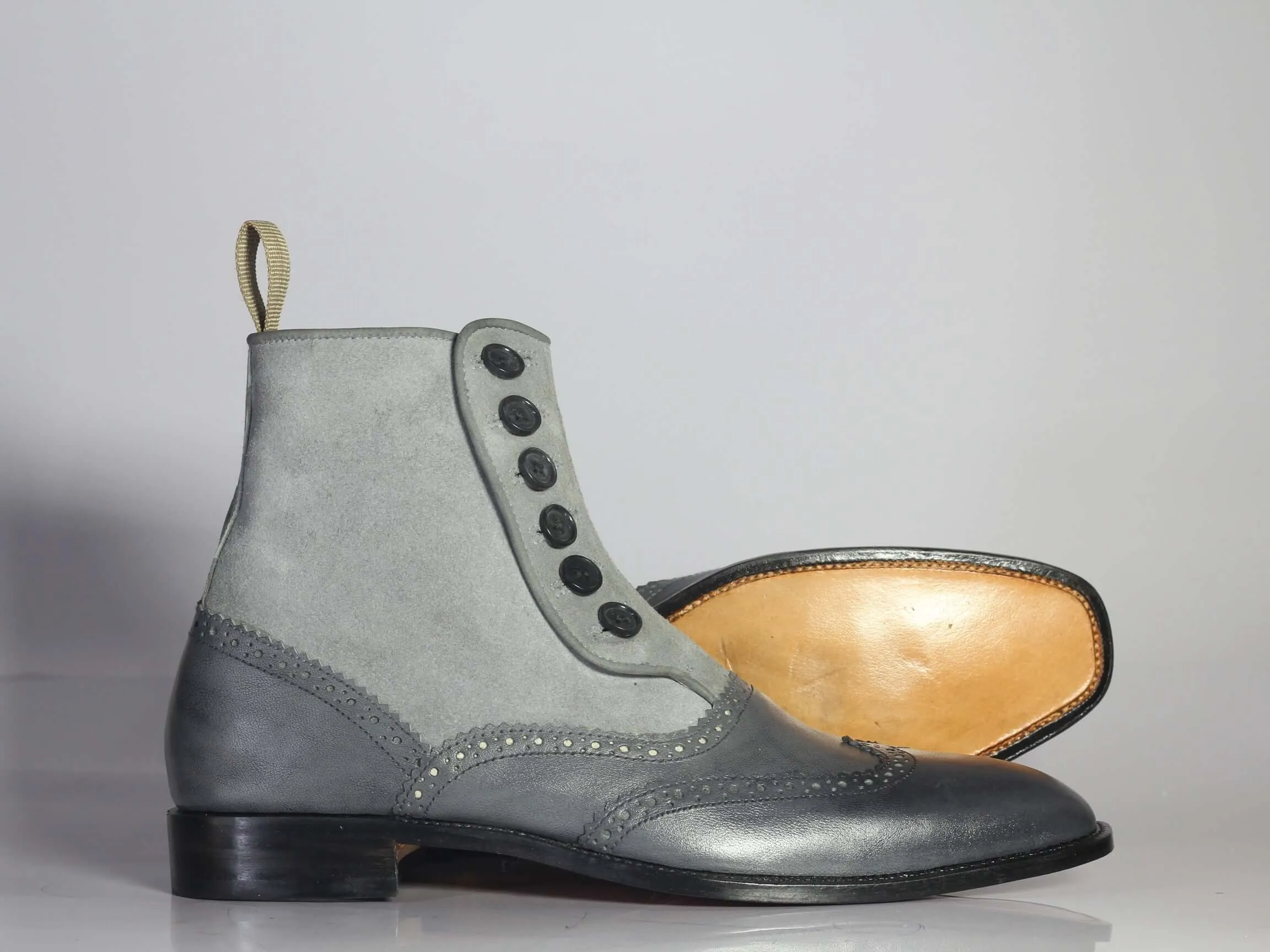 Two Tone Grey Button Top Ankle High Boot,Men's Stylish Leather Suede Boot