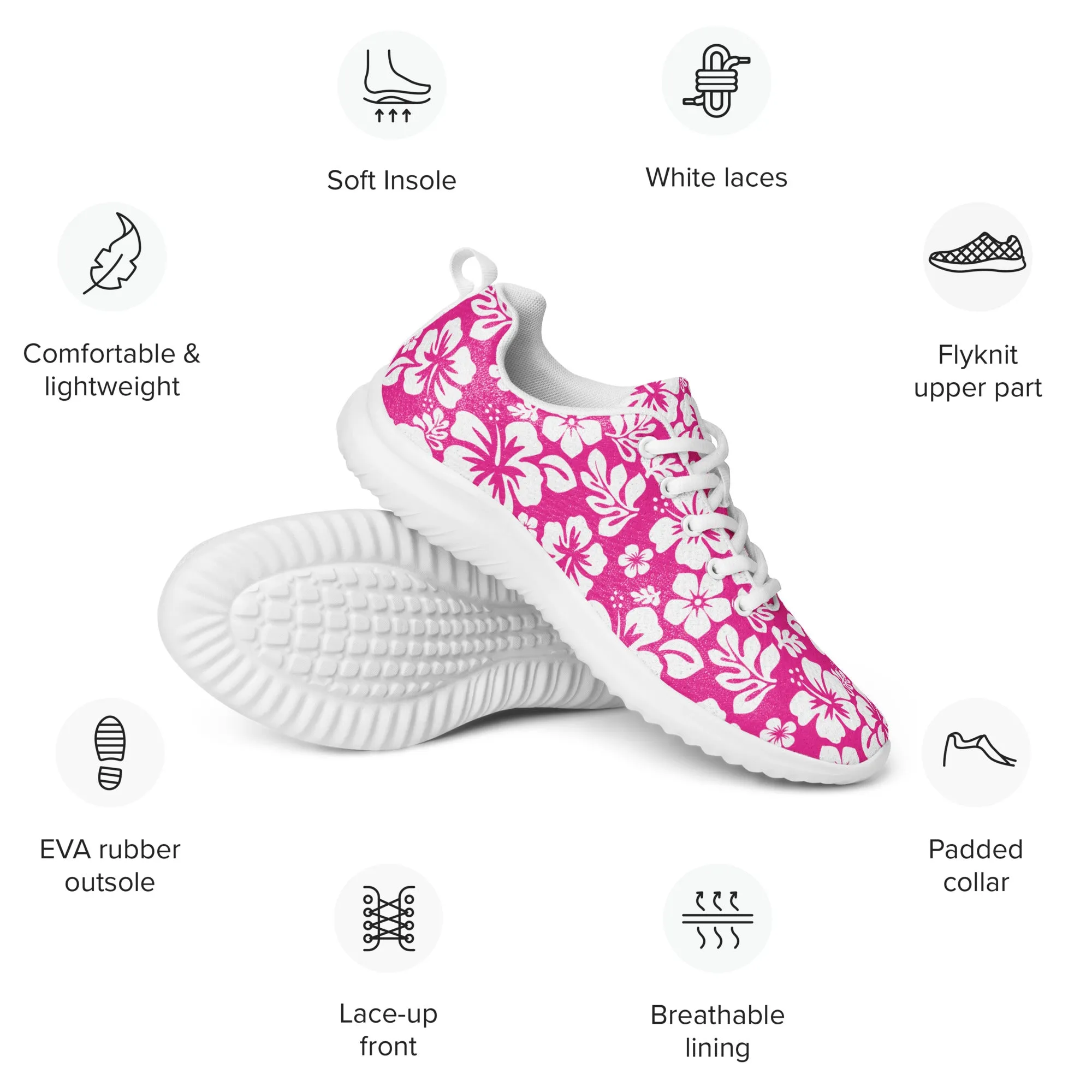 Women’s Hot Pink and White Hawaiian Flowers Athletic Shoes