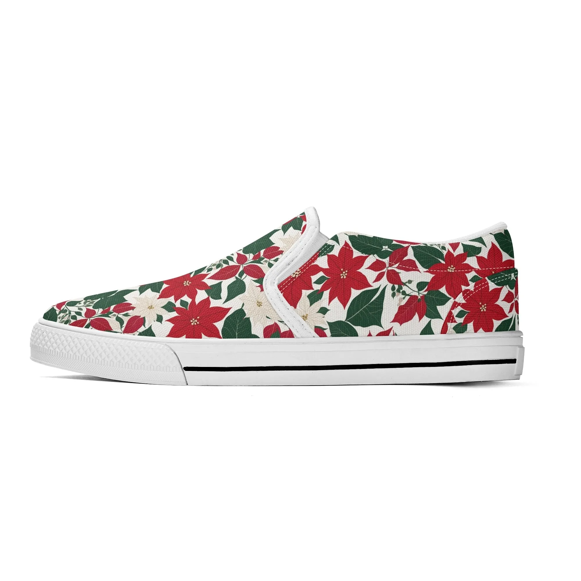 Womens Red and White Poinsettia Flower Rubber Slip On Shoes