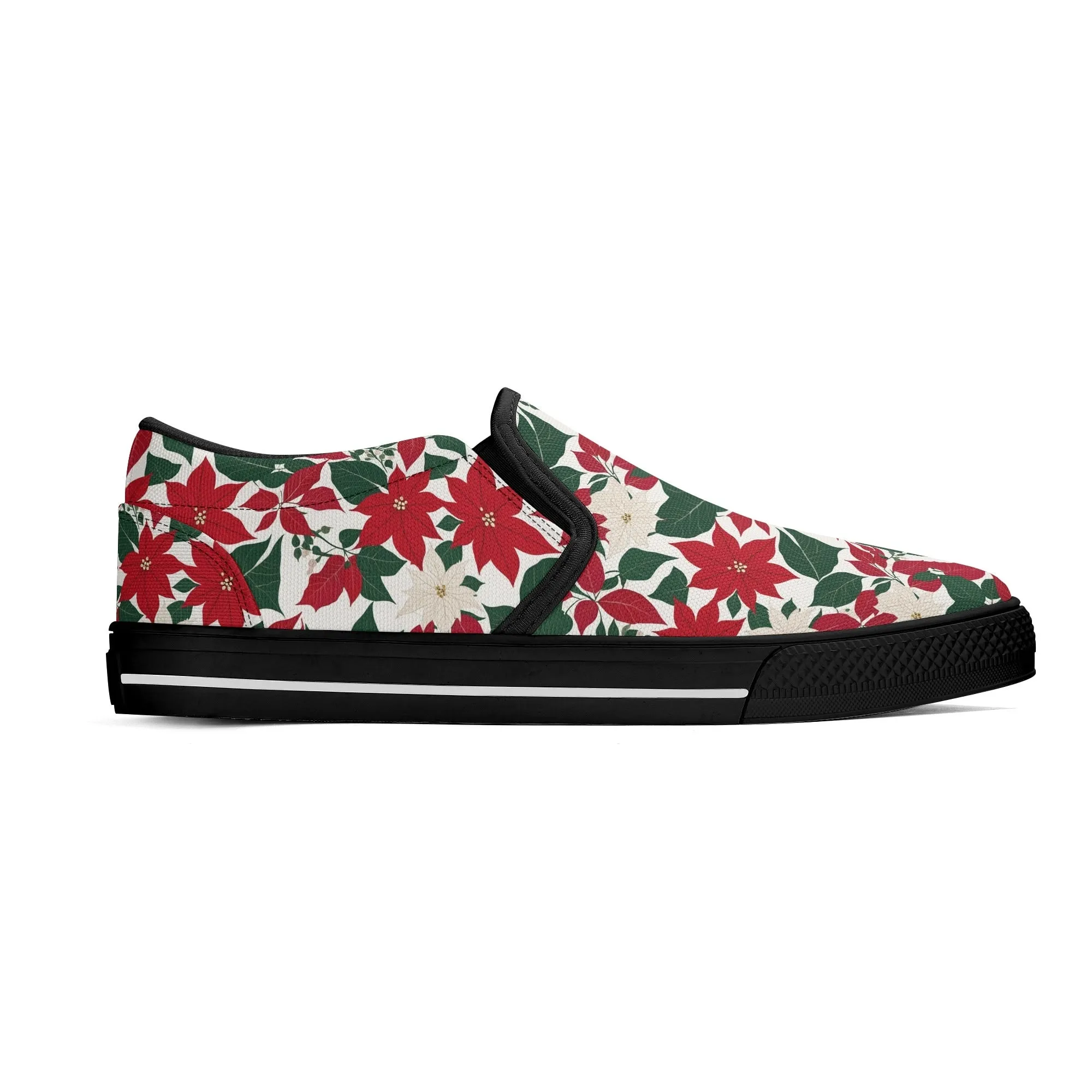 Womens Red and White Poinsettia Flower Rubber Slip On Shoes