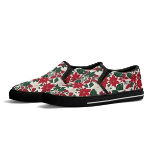 Womens Red and White Poinsettia Flower Rubber Slip On Shoes