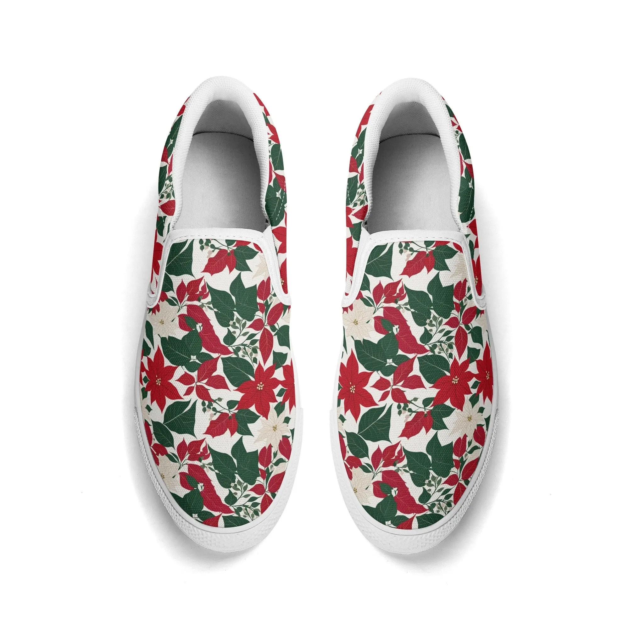 Womens Red and White Poinsettia Flower Rubber Slip On Shoes