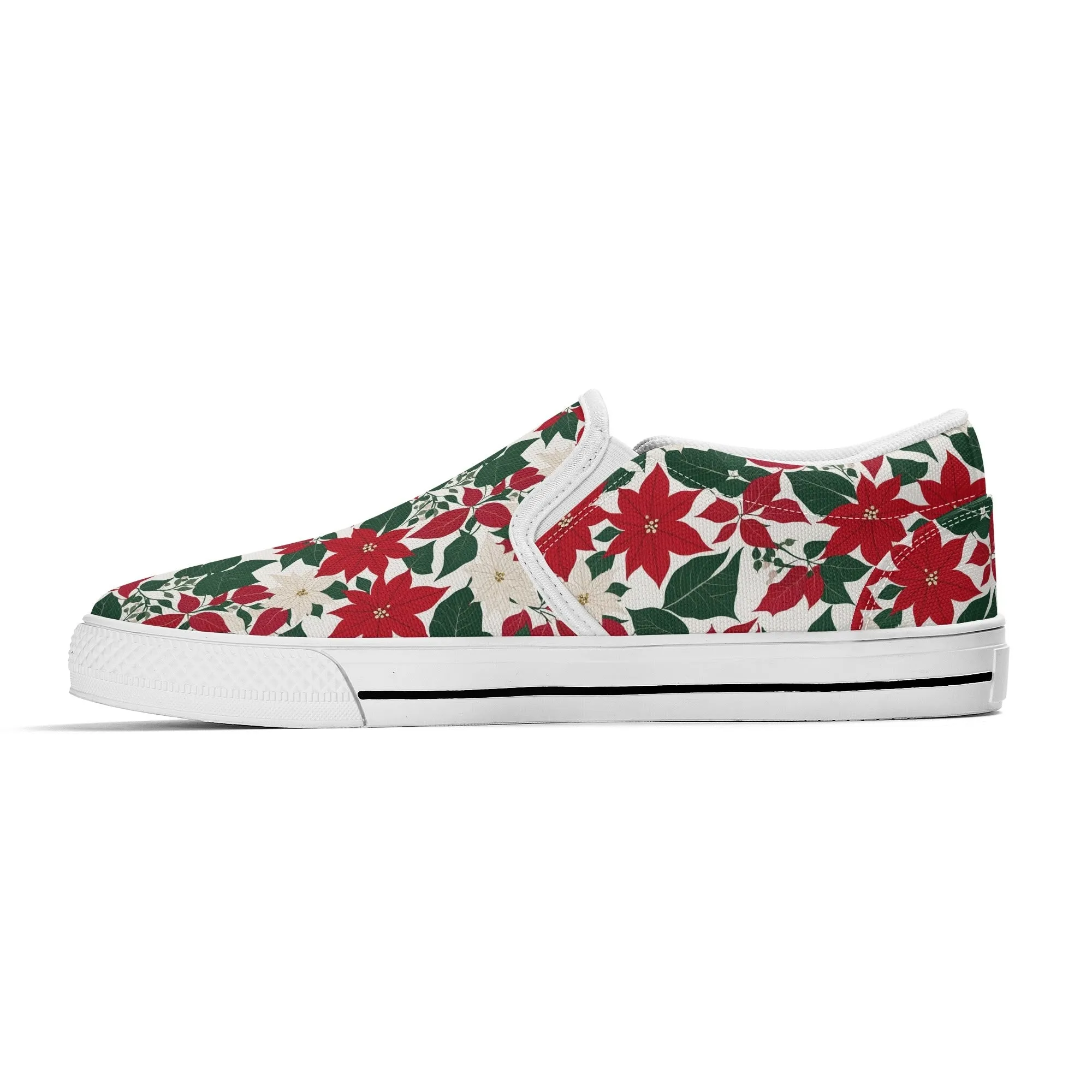 Womens Red and White Poinsettia Flower Rubber Slip On Shoes